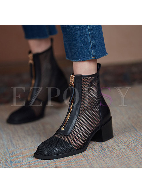 Square Toe Openwork Chunky Heel Ankle Boots