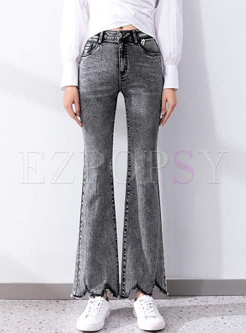 Grey Asymmetric Fringed Denim Flare Pants