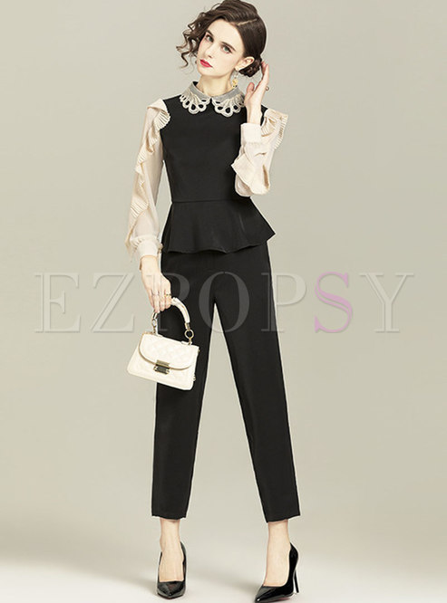 Beaded Ruched Color-blocked Ruffle Pant Suits