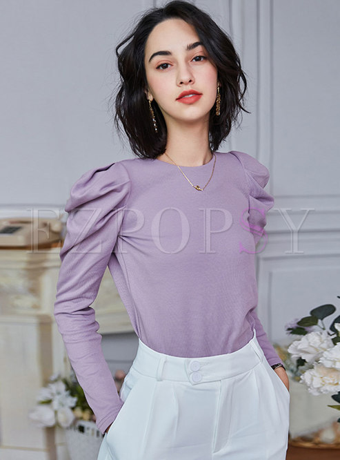 Solid Pullover Puff Sleeve Slim T-shirt