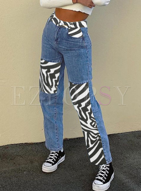 High Waisted Zebra Patchwork Denim Straight Pants