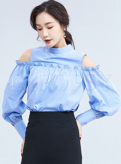 Tops | Blouses | Cold Shoulder Lantern Sleeve Stripe Blouse