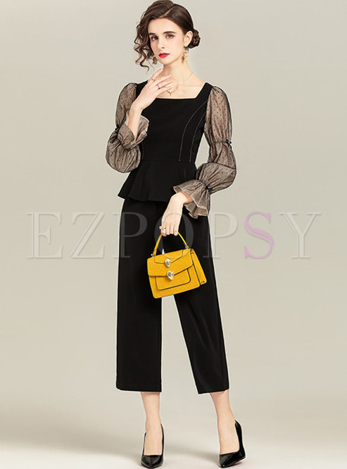 Puff Sleeve Polka Dot Straight Pant Suits