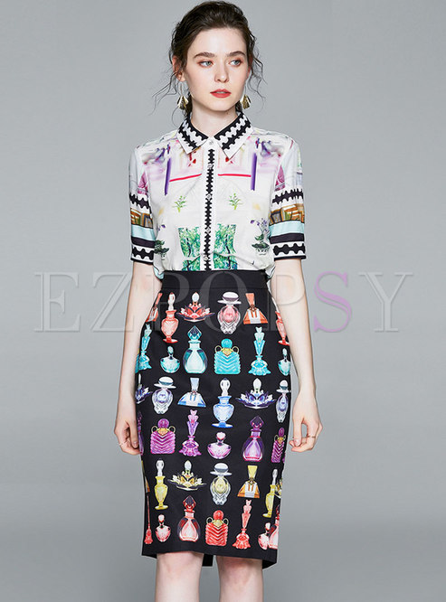 Elegant Print Lapel Bodycon Skirt Suits