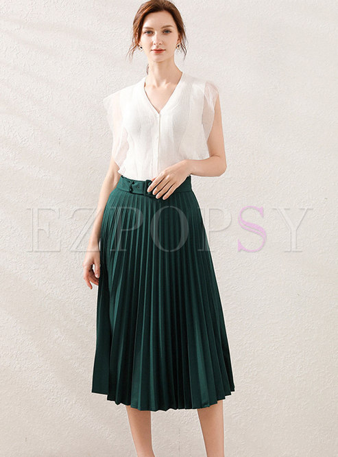 Mesh Patchwork Knit Top & Pleated Skirt