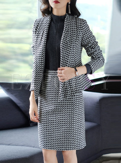 Work Notched Collar Houndstooth Suit Dress