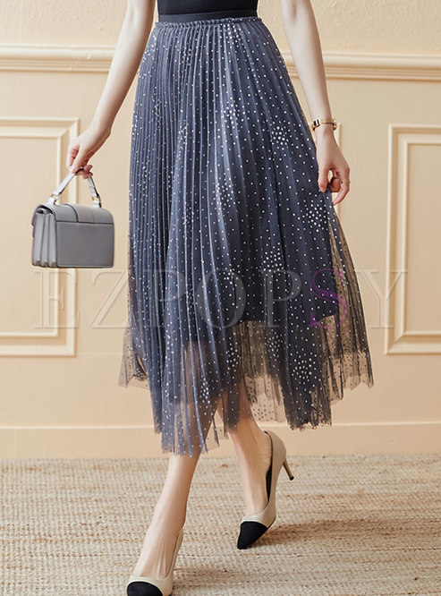 Mesh Patchwork Pleated A Line Maxi Skirt
