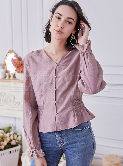 V-neck Single-breasted Ruffle Solid Blouse