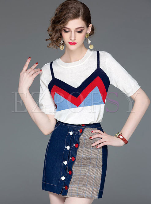 O-neck Color-blocked Top & Patchwork Mini Skirt
