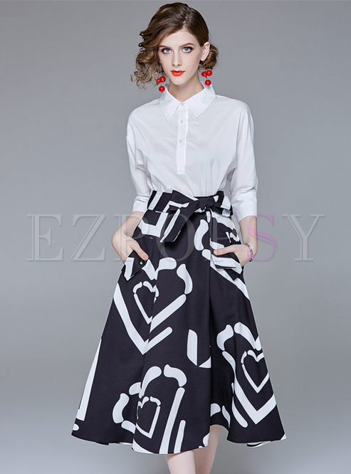 Lapel 3/4 Sleeve Print A Line Skirt Suit