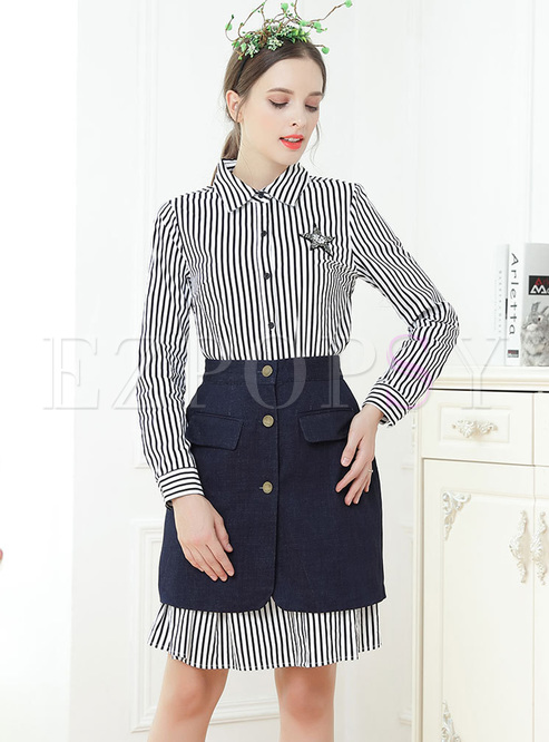 Striped Lapel Shirt Dress & Blue Slim Skirt