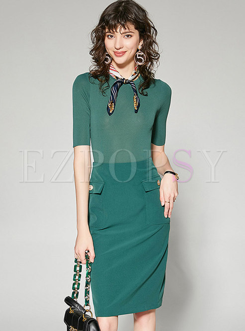 Brief Knitted Slim Top & Pure Color Sheath Skirt