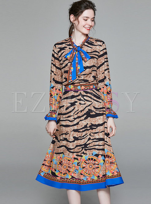 Bowknot Print Flare Sleeve Midi Skirt Suits