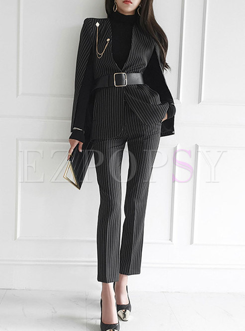 V-neck Striped Cloak Blazer & High Waisted Slim Pants