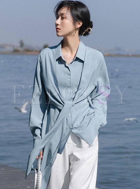 Turn Down Collar Tied Long Sleeve Blouse