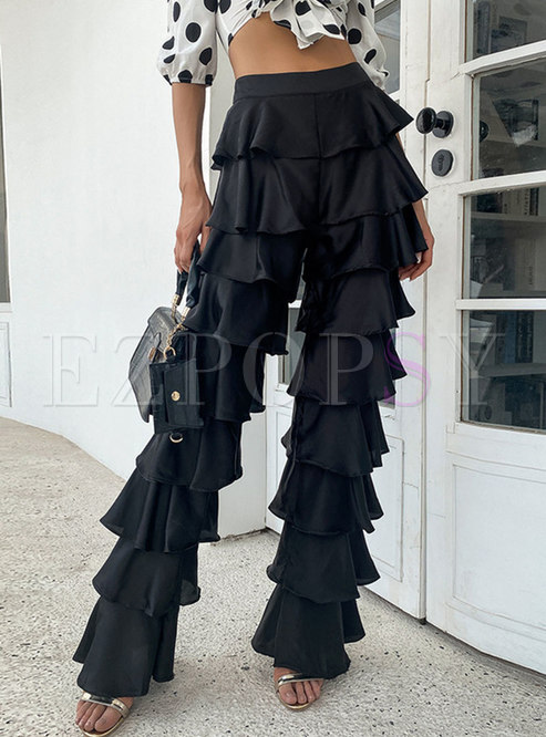 Black High Waisted Tiered Straight Flare Pants