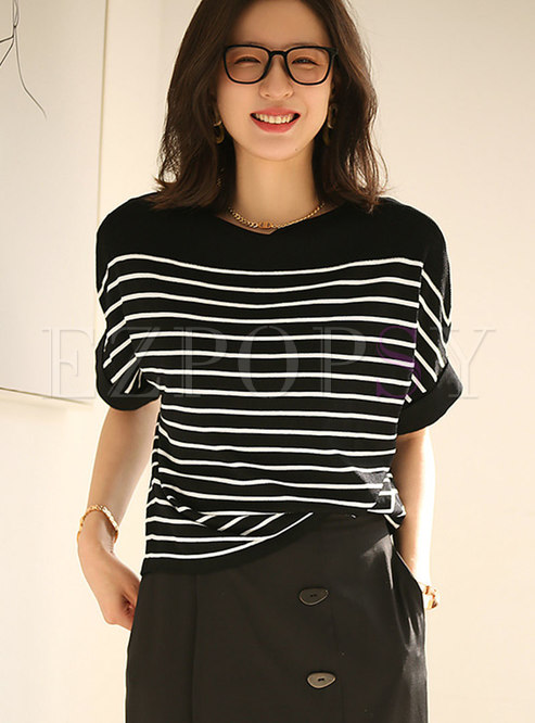 Bat Sleeve Striped Pullover Loose Knit Top
