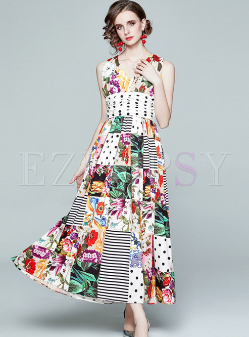 Boho Sleeveless Empire Waist Print Pleated Maxi Dress