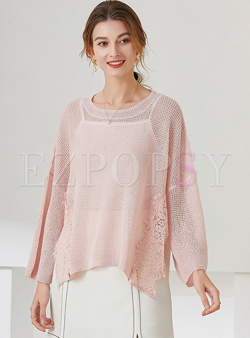 Crew Neck Openwork Pullover Knit Top With Cami