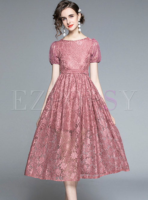 Crew Neck Puff Sleeve Sequin Lace Dress