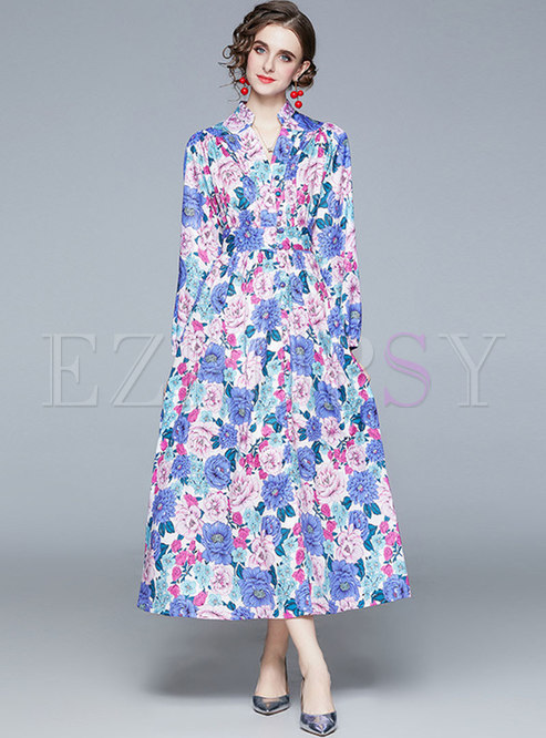 Boho V-neck Raglan Sleeve Print Maxi Dress
