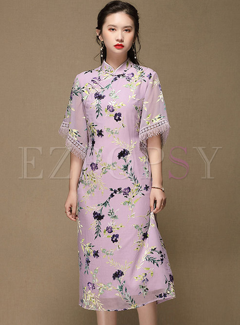 Mandarin Collar Embroidered Fringe Cheongsam Dress