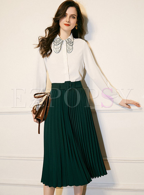 White Embroidered Blouse & A Line Pleated Skirt
