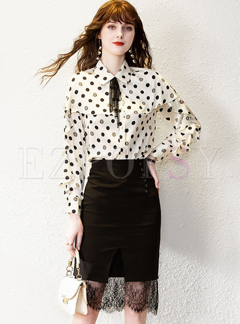 Polka Dot Ruffle Lace Bodycon Skirt Suits