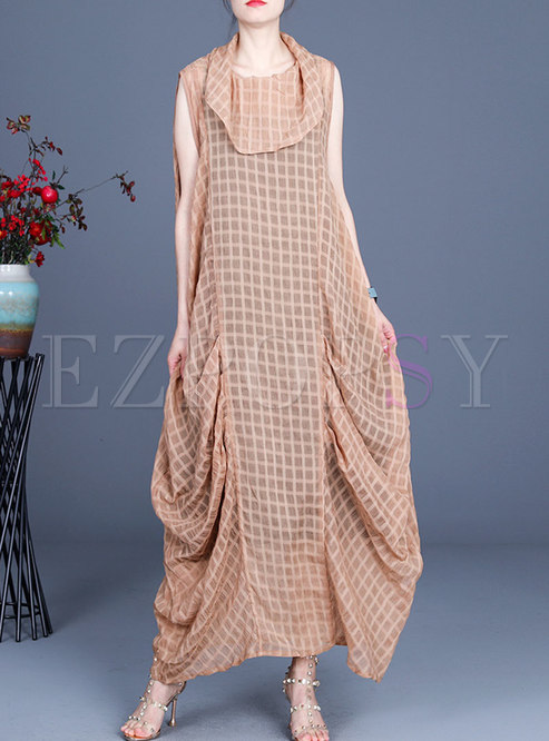 Plus Size Plaid Ruched Asymmetric Maxi Dress