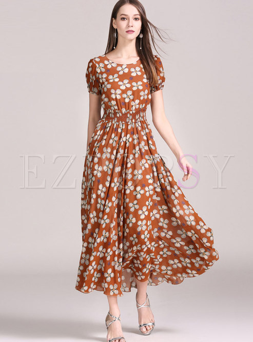 Boho Empire Waist Print Chiffon Maxi Dress
