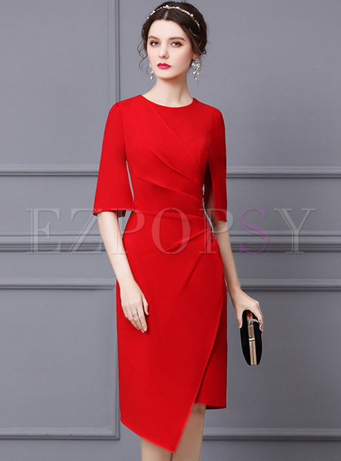 Red Half Sleeve Asymmetric Ruched Cocktail Dress