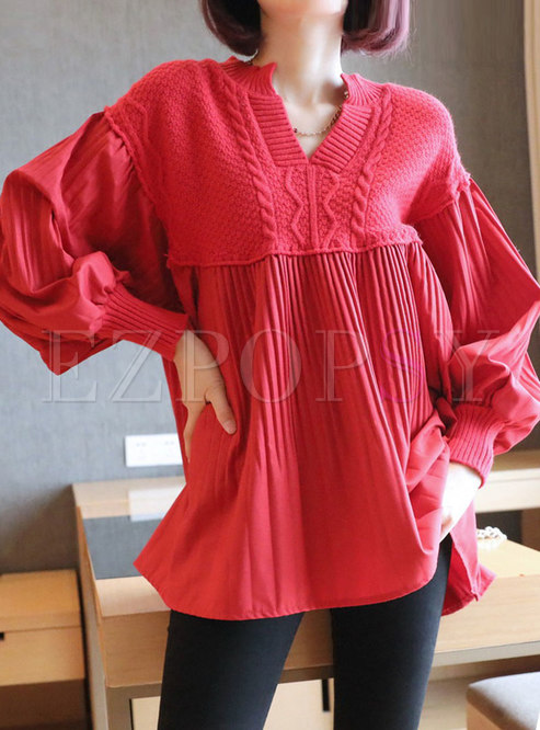 V-neck Pullover Knit Patchwork Plus Size Tunic
