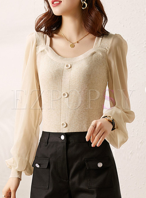 Lantern Sleeve Patchwork Pullover Knit Top