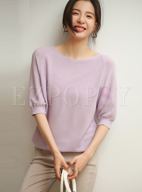 Solid Half Sleeve Pullover Knit Top