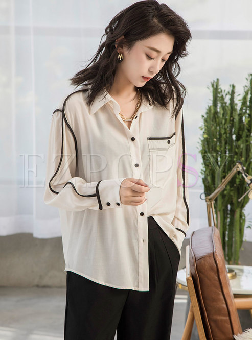 Turn-down Collar Color Blocked Blouse