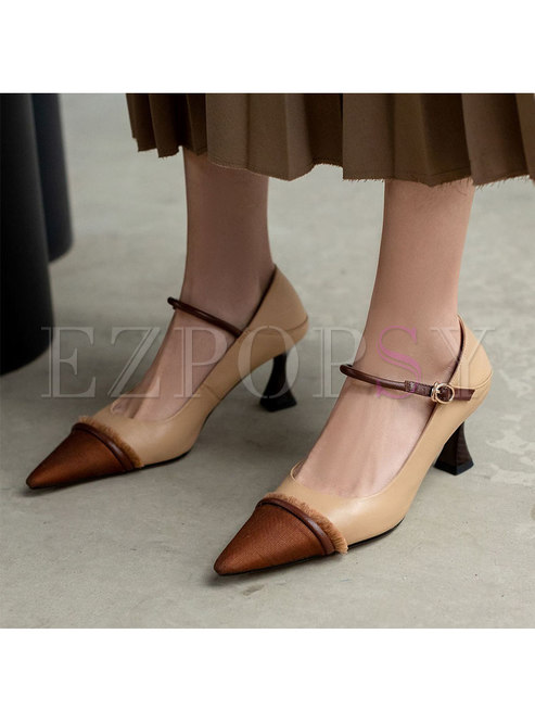 Pointed Toe Patchwork Ankle Strap High Heels