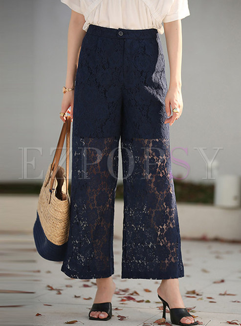 High Waisted Lace Openwork Wide Leg Pants