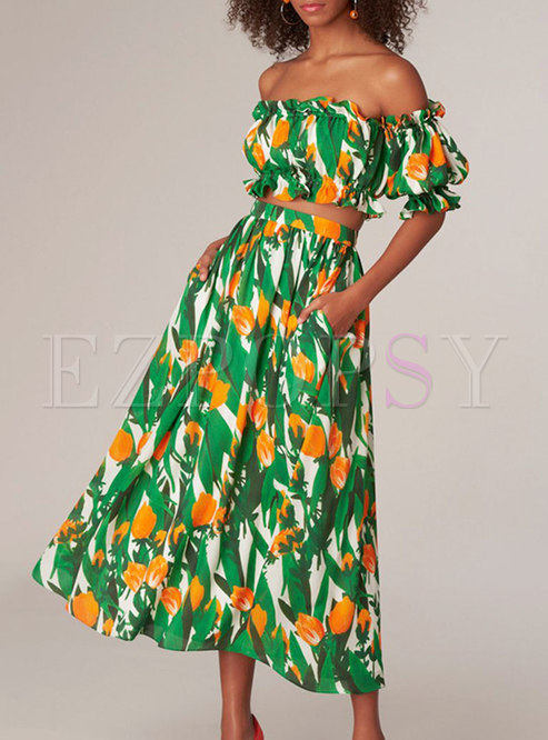 Boho Off-the-shoulder Crop Top & Print A Line Maxi Skirt