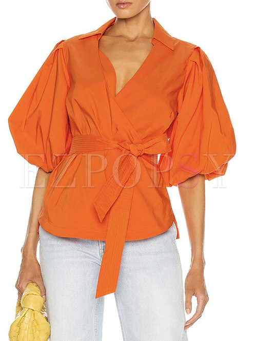 V-neck Puff Sleeve Tied Pullover Blouse