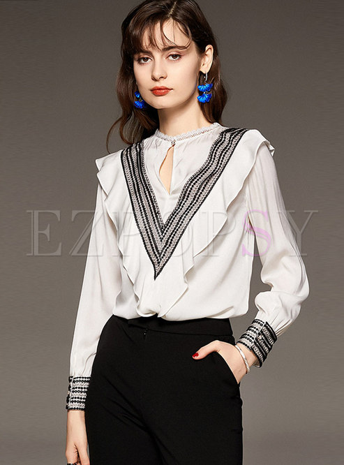 Long Sleeve Embroidered Ruffle Pullover Blouse