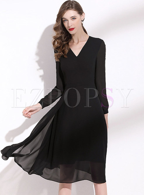 Black Long Sleeve Chiffon Knee-length Dress