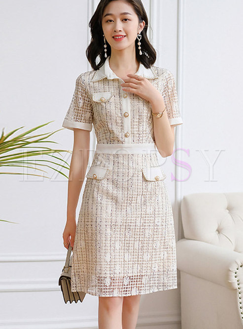 Turn-down Collar Lace Patchwork Plaid A Line Dress