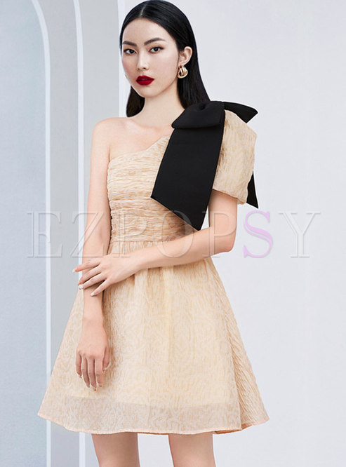 One Shoulder Bowknot Shirred Mini Dress