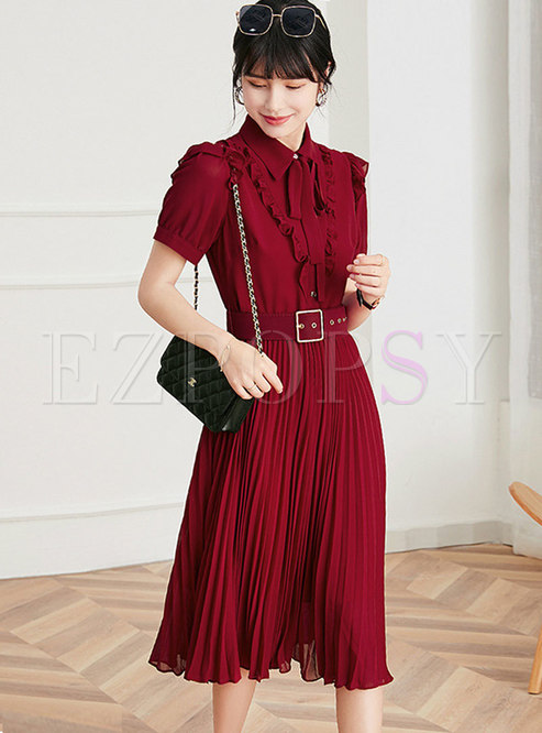 Red Lettuce Short Sleeve Belted Pleated Midi Dress