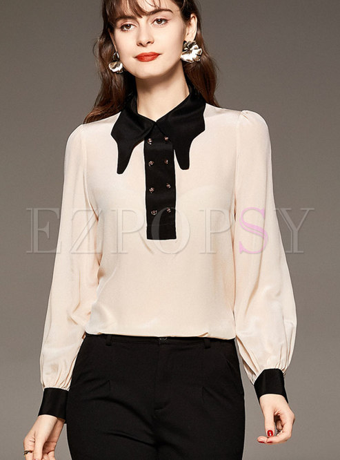 Color-blocked Long Sleeve Pullover Blouse