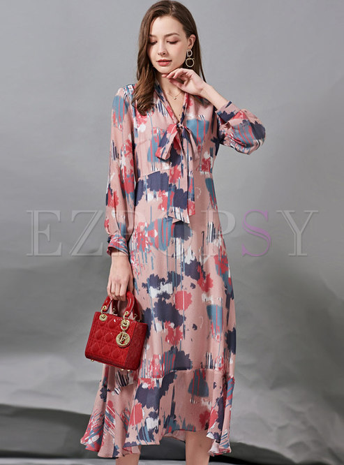 Pink V-neck Long Sleeve Print Silk Maxi Dress