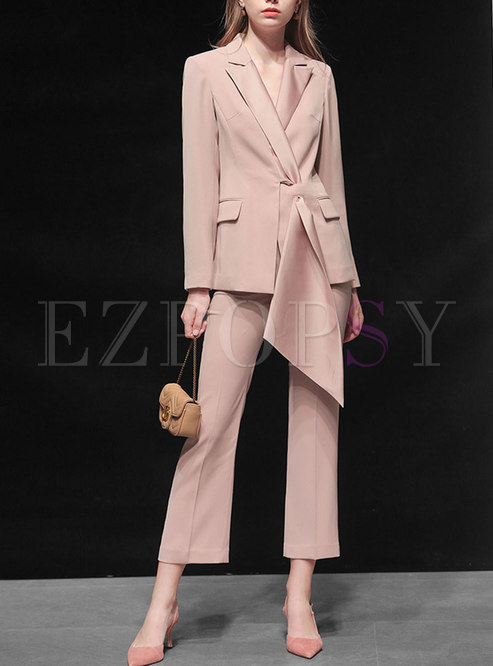 Pink Work Notched Collar High Waisted Pant Suits
