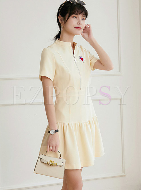 Mock Neck Embroidered Ruffle A Line T-shirt Dress