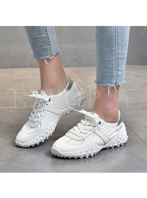 White Rounded Toe Lace-up Breathable Sneakers