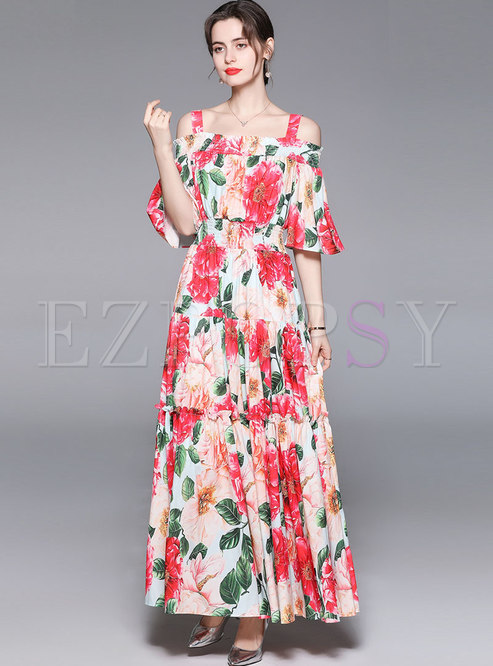 Boho Off-the-shoulder Print Big Hem Beach Maxi Dress
